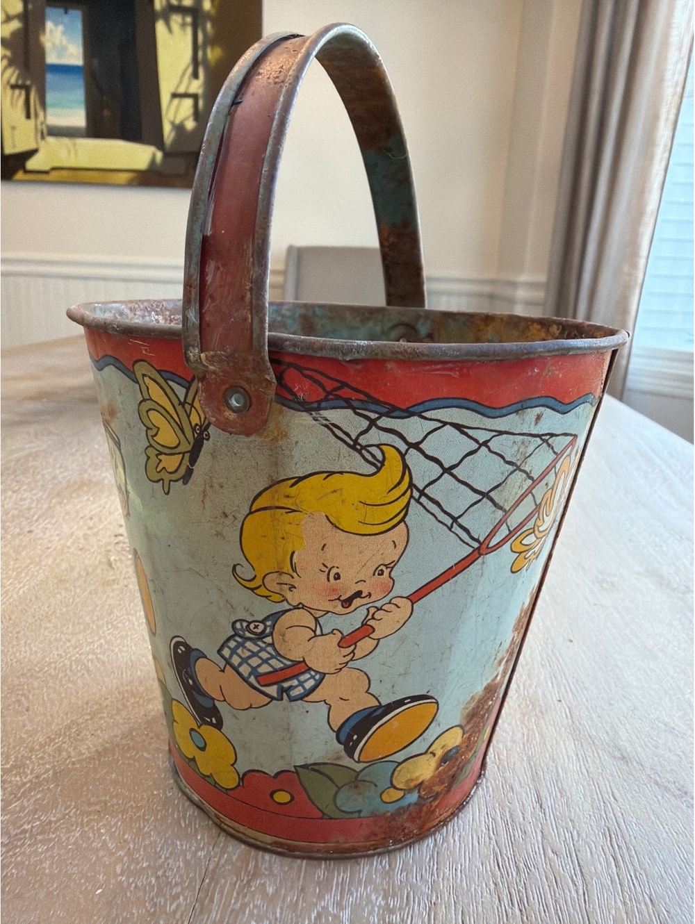 Vintage 1950s Ohio Art 5" Tin Litho Sand Pail Butterfly Catcher Overalls Toy